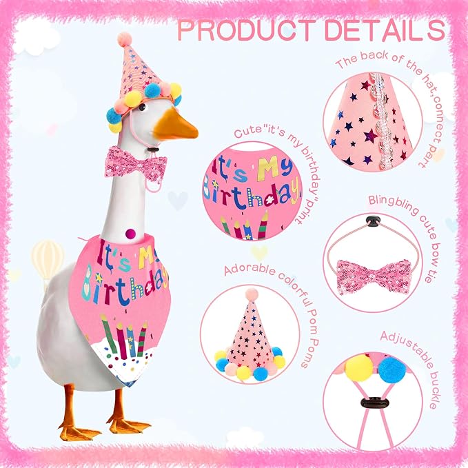Birthday Outfit Set for Porch Goose Statue 23"& 17" - Party Bandana, Hat & Bow Tie for Outdoor Yard Decor, Cement Goose