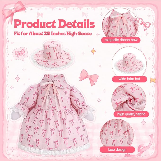 Guiquilai 2Pcs Pink Bow Porch Goose Outfit Dress Hat for 23 Inch Lawn Goose | UV Fade Resistant Polyester, Fit For 23 Inch Goose, Slip On Tool Free Wear, Pink Bow Dress Hat Set, for Easter Lawn Decor