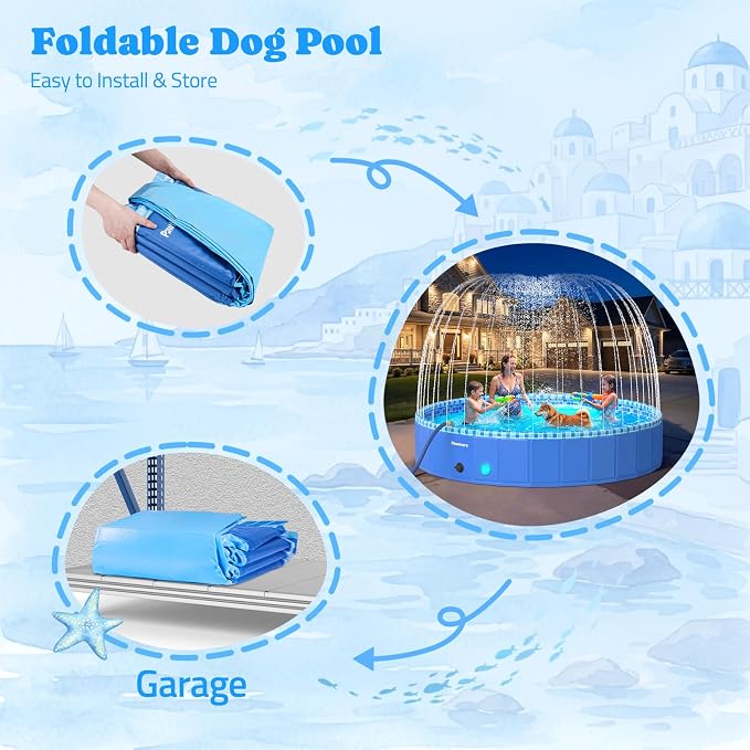 Foldable Dog Pool with Sprinkler RGB LED Light, 94" Collapsible Hard Plastic Kiddie Swimming Splash Pool for Small Medium Large Doggie Kitty Puppy, Pet Bathing Tub Wading Pool for Dogs Blue