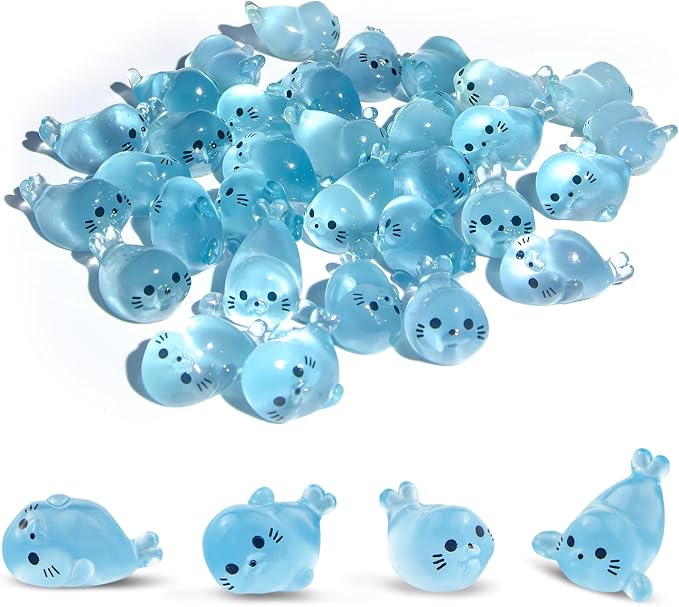 32Pcs Glow in Dark Mini Resin Seal Figurines - 4 Styles Luminous Sea Animals for Terrarium Decor, Fairy Garden, Aquarium, Small Resin Animals with Storage Box