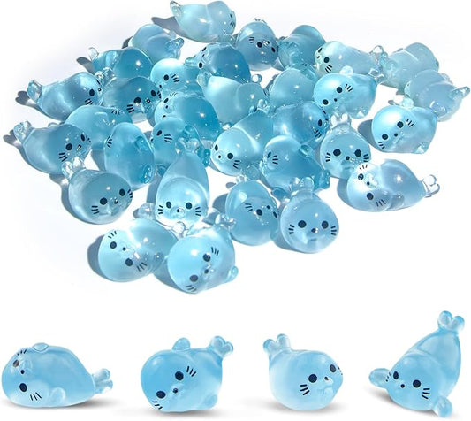 32Pcs Glow in Dark Mini Resin Seal Figurines - 4 Styles Luminous Sea Animals for Terrarium Decor, Fairy Garden, Aquarium, Small Resin Animals with Storage Box