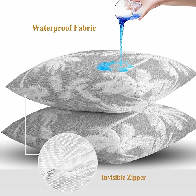 Outdoor Pillow Covers 20x20 Inch Set of 2, Grey Palm Trees Waterproof Throw Pillow Covers, Farmhouse Tropical Summer Beach Decorative Cushion Pillowcases for Couch, Sofa, Bed, Garden, Patio