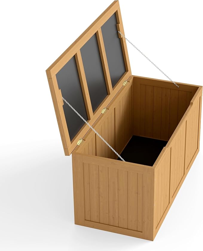 67 Gallon Outdoor Wooden Deck Box Solid Wood Storage Box Seat Table Top for Patio Furniture Cushions, Pool Toys Garden Tools