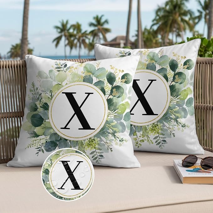 Letter X Waterproof Outdoor Pillow Covers Set of 2 Home Decor, Alphabet Green Eucalyptus Leaves Pillowcase Patio Pillow Covers for Couch Bench Patio Furniture Garden 16x16in