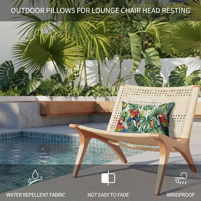 Outdoor Lumbar Pillow Set of 2, Tropical Plants Waterproof Beach Headrest Pillow with Inserts, Summer Rustic Monstera Palm Leaves Birds Green Recliner Throw Pillows for Patio Furniture, 11 x 16