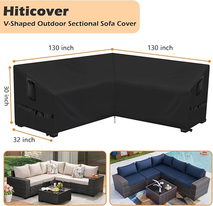Outdoor V-Shaped Sectional Sofa Cover fit 130" x 130", 129" x 129", 128" x 128" L-Shaped Sofa, Waterproof Patio Couch Covers Outdoor Furniture Covers for Winter, 130"L x 32"W x 30"H