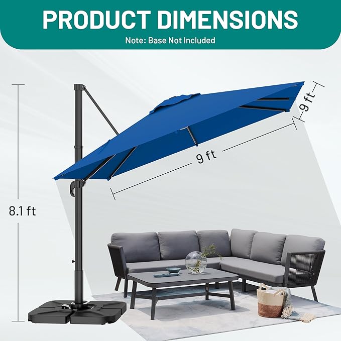 AreShark 9 × 9FT Square Cantilever Patio Umbrella with Base Included, 360° Rotation Offset Outdoor Umbrella, 5 Tilt Settings Heavy Duty Hanging Parasol for Deck Garden Pool, Royal Blue