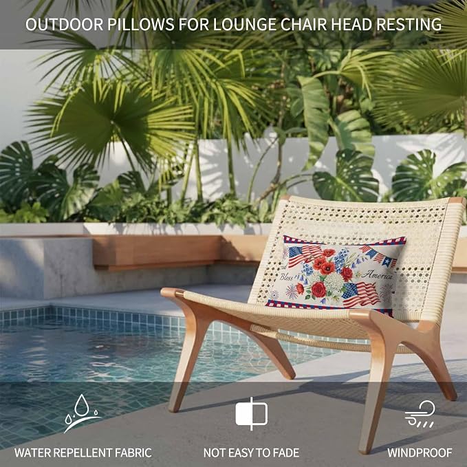 250th Anniversary Floral Outdoor Pillows for Chaise Lounge Chair Headrest Pillow Set of 2 Waterproof Lumbar Pillows with Insert&Adjustable Strap Red Blue Stars 4th of July Rustic Pillow 11"x16"