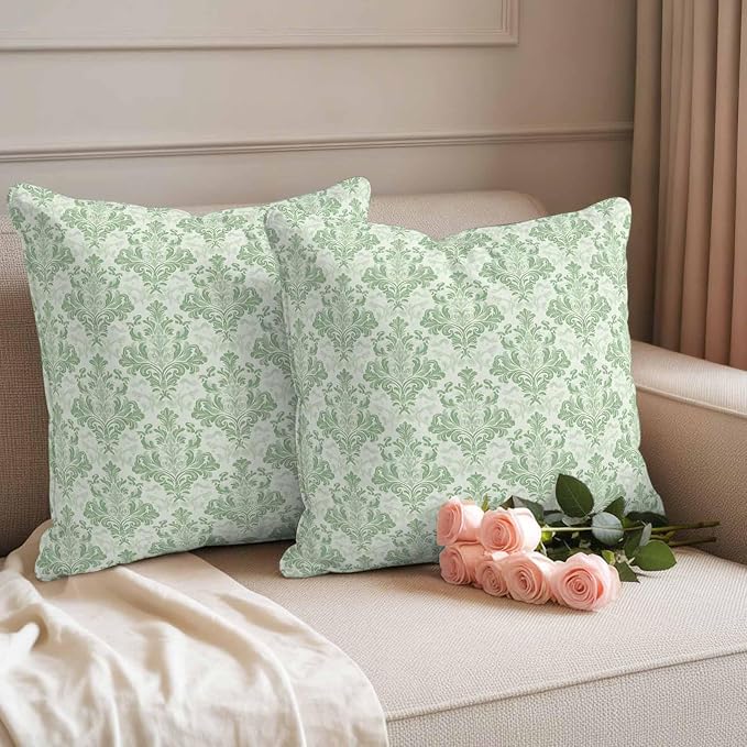 Green Scroll Floral Waterproof Outdoor Pillow Covers Set of 2 Home Decor, Baroque Damask Medallion Pattern Pillowcase Patio Pillow Covers for Couch Bench Furniture Garden 18x18in