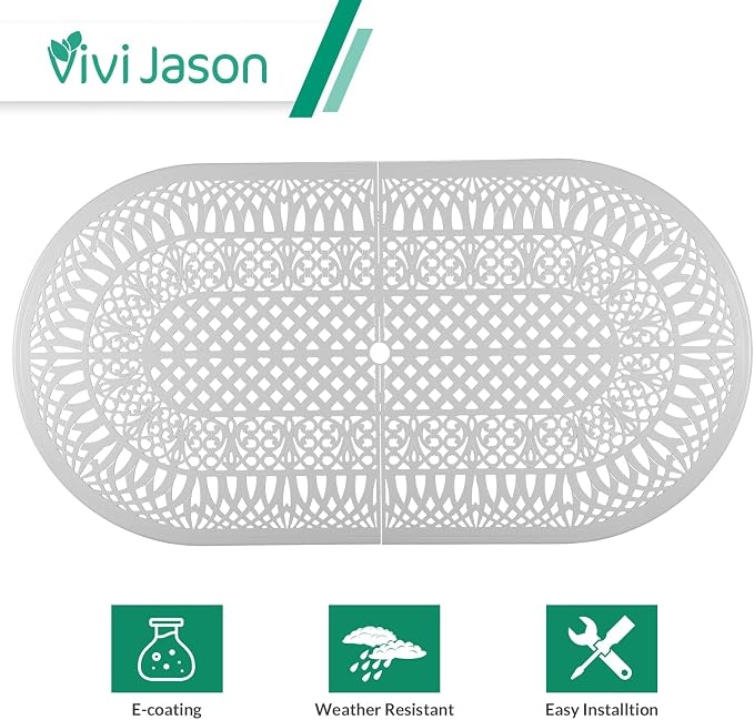 VIVIJASON 9-Piece Outdoor Furniture Dining Set, All-Weather Cast Aluminum Patio Conversation Set Include 8 Cushioned Chairs and an Oval Table with Umbrella Hole for Lawn Backyard (White/Green Cushion