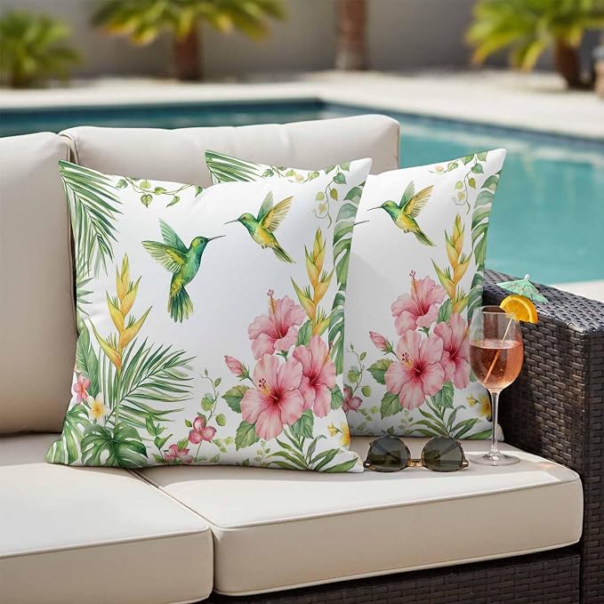 Yukro Hummingbirds Hibiscus Outdoor Waterproof Pillow Covers Pack of 2, Birds Botanical Tropical Plant Throw Pillowcases Decorative Cushion Covers for Garden Patio Tent Sofa Couch, 16x16 inch