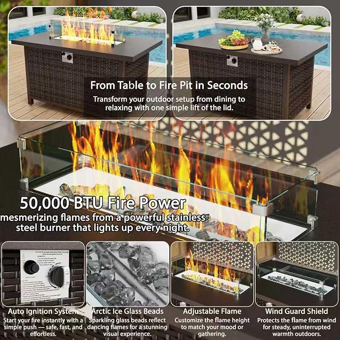 15 Piece Patio Sectional Sofa Set with 50000 BTU Fire Pit Table, All-Weather Wicker Rattan Outdoor Conversation Set, High Back, for Garden, Porch, Poolside, Gray