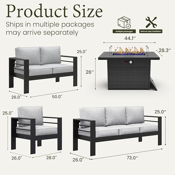 LayinSun Aluminum Furniture Set with Fire Pit Table, 5 Pieces Patio Sectional Conversation Chat Sofa Modern Seating Set