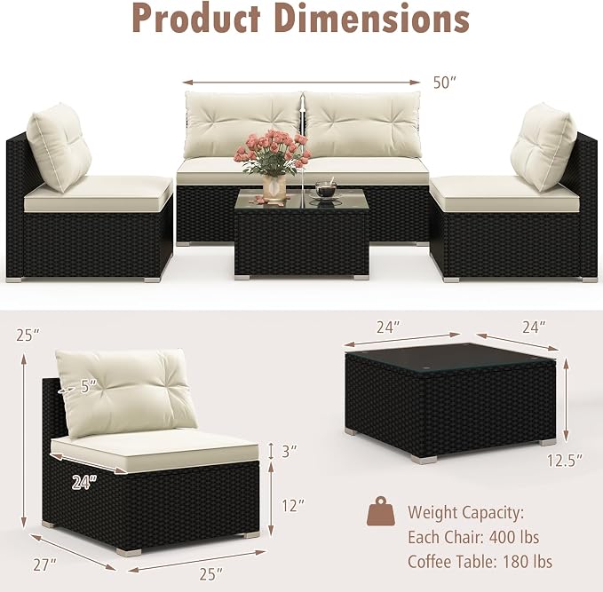 Tangkula 5 Piece Rattan Sofa Set, Patiojoy Outdoor Wicker Furniture Set with Seat & Back Cushions, Square Coffee Table, Patio Sectional Sofa Set for Backyard, Poolside, Garden