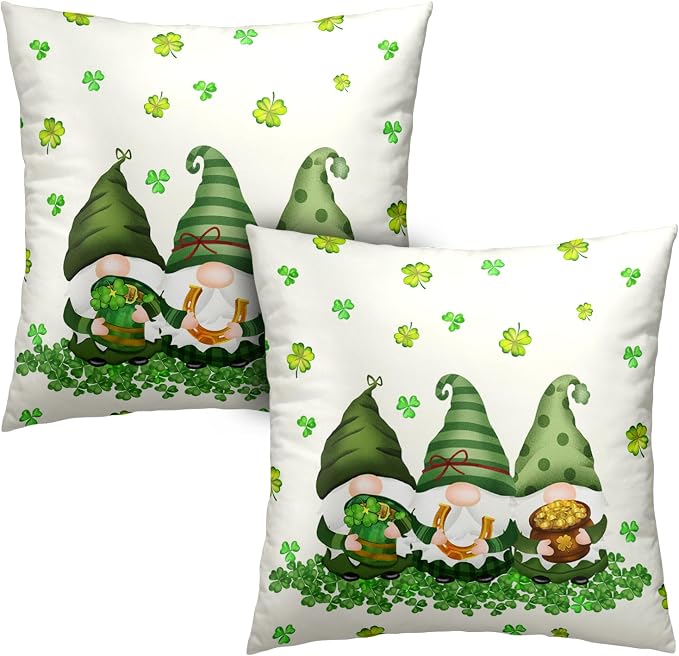 Pack of 2 Saint Patricks Day Decorative Pillow Covers 22x22 Soft Cotton Blend Lucky Charms Gnomes Pillow Cases Spring Shamrocks Cushion Covers for Couch Bed Home Decor