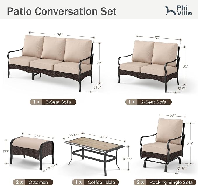 PHI VILLA Extra Large Outdoor Modern Patio Furniture Set, Upgraded Wicker & Metal Patio Conversation Set with Waterproof Thick Cushions for Porch, Poolside, Yard(7 Pieces,Beige)