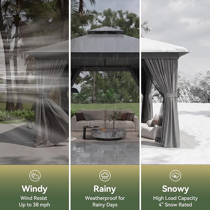 10'x10' Gazebo, Outdoor Gazebo Metal Frame Canopy with Double Roofs, Heavy Duty Patio Tent Shelter with Mosquito Netting and Privacy Screen for Backyard, Grey