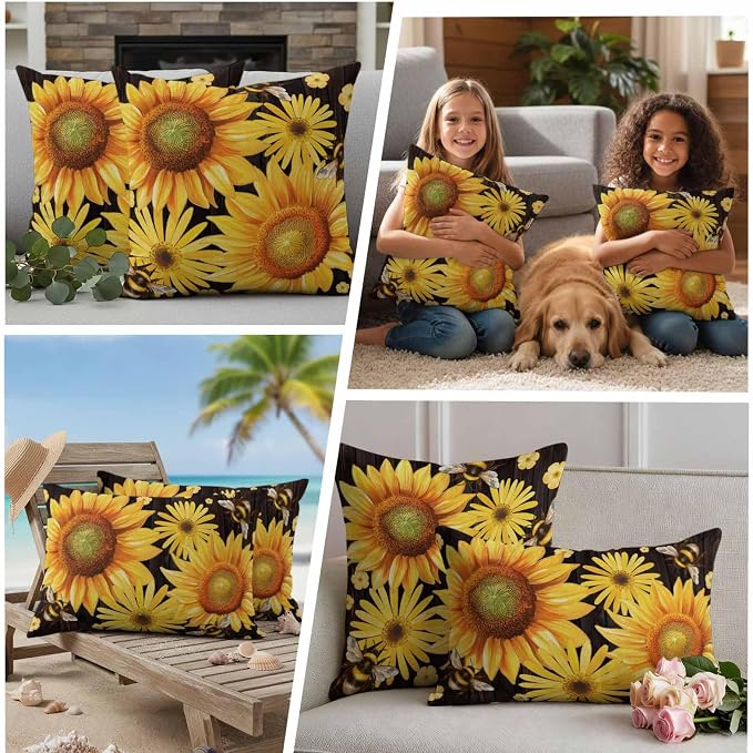 Outdoor Throw Pillow Covers,Yellow Sunflower Daisy Flower Waterproof Decorative Pillowcases Cushion Cover Spring Rustic Floral Bee Black Pillow Cases for Patio Couch Sofa Bed,16x16in Set of 2