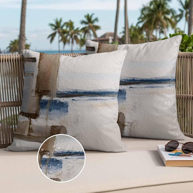 Throw Pillow Covers 16x16 Inch Set of 2, Beige Brown Blue Waterproof Outdoor Cushion Covers, Vintage Abstract Mottled Texture Decorative Pillowcases for Couch, Sofa, Bed, Garden, Patio