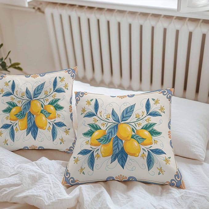 Throw Pillow Covers 16x16 Inch Set of 2, Yellow Blue Lemon Waterproof Outdoor Cushion Covers, Summer Botanical Farmhouse Decorative Pillowcases for Couch, Sofa, Bed, Garden, Patio
