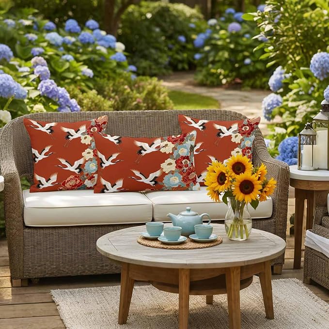 Japanese Style Outdoor Pillow Covers 20x20 Inch Throw Pillow Covers Set of 2 Waterproof Decorative Pillow Cases Red Farmhouse Botanical Peony Birds Cushion Covers for Patio Furniture Garden Couch Sofa
