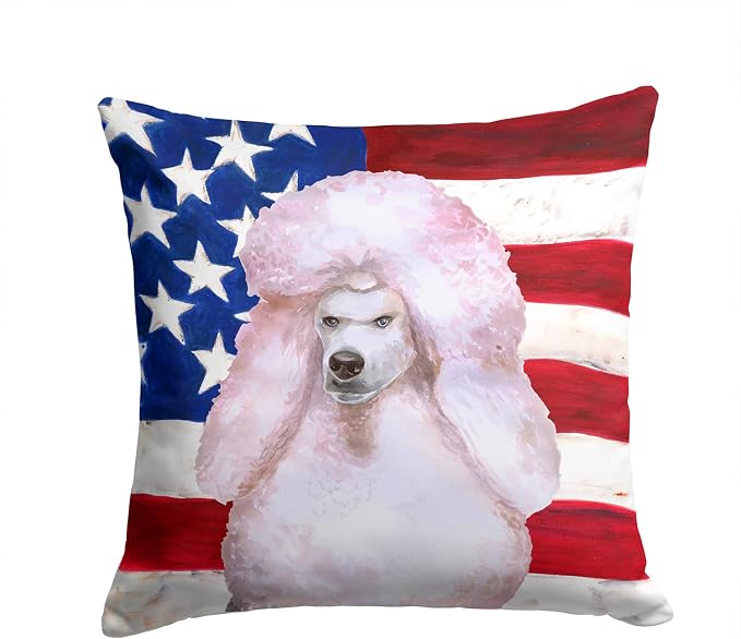 Caroline's Treasures BB9717PW1414 White Standard Poodle Patriotic Fabric Decorative Pillow Machine Washable, Indoor Outdoor Decorative Pillow for Couch, Bed or Patio, 14Hx14W