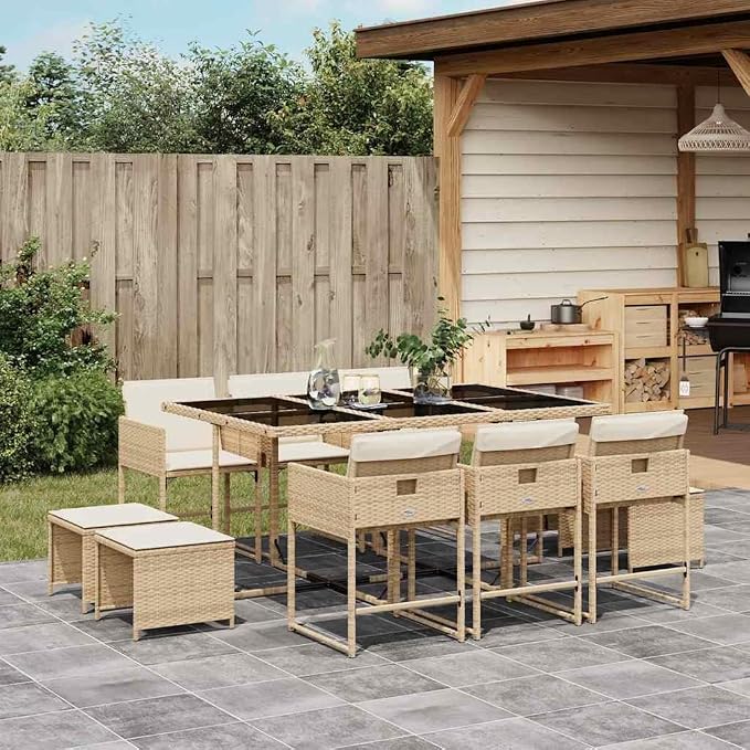 11 Piece Patio Dining Set with Cushions Beige Poly Rattan Outdoor Dining Table and 6 Chairs with Foldable Backrest, Space-Saving Glass Tabletop Garden Furniture Set for Backyard Cream White Cushions