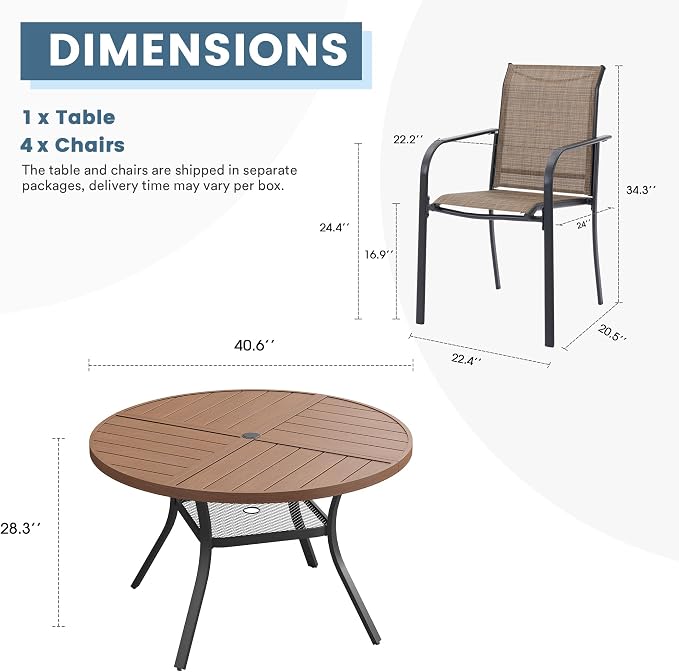 DIFY Patio Dining Set for 4, 5 Piece Outdoor Table and Chairs Set, 40.6" Walnut Round Metal Patio Dining Table and 4 Brown Textilene Stackable Patio Chairs, for Backyard Garden Poolside