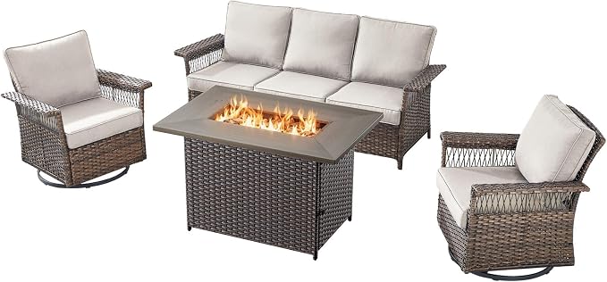 Patio Furniture Set with Fire Pit Table, 4PCS Patio Conversation Set Brown Resin Wicker Swivel Patio Chair and Sofa with 41in Rectangular Fire Table PE Rattan Patio Furniture Set