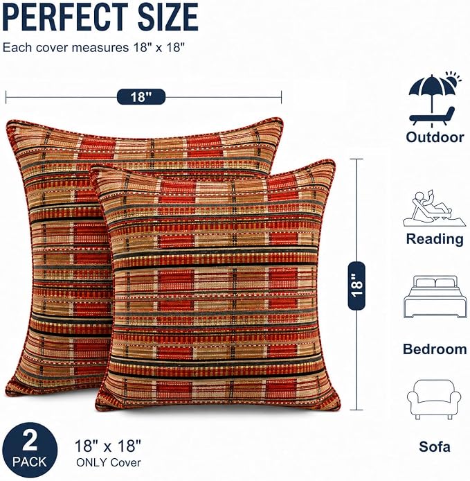 Outdoor Pillow Covers Waterproof Throw Pillow Covers, Set of 2 Jacquard Texture Water Resistant Fade Resistant Decorative Cushion Covers for Garden Patio Bench Couch Sofa, 18x18 Inch (Bohemian Orange)