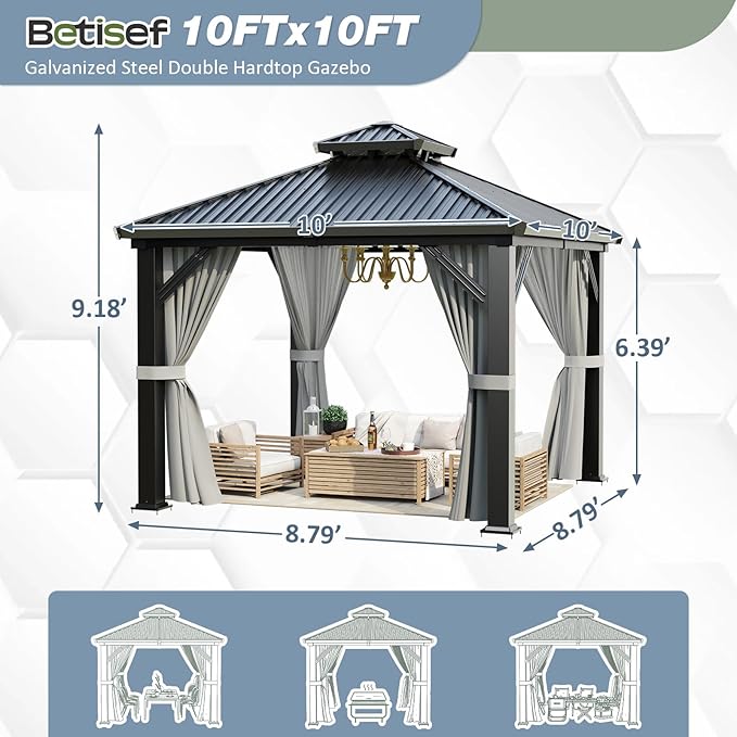 10'x10' Outdoor Gazebo Hardtop Grill Gazebo Aluminum Galvanized Steel Double Roof Outdoor Pergola Include Curtain and Netting for Backyard, Patio, Lawn