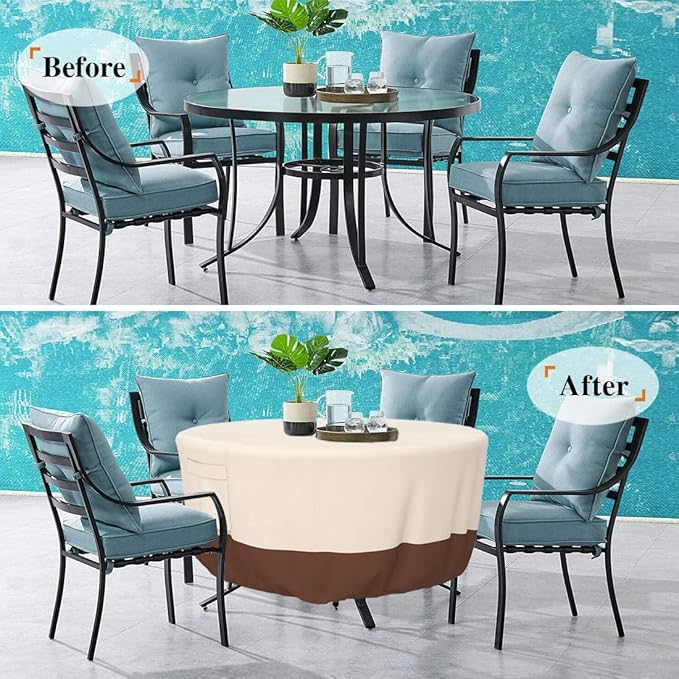 Tuyeho Round Patio Furniture Cover, Durable Oxford Fabric for Outdoor Round Table, Waterproof, UV & Rip Resistant Patio Table and Chairs Set Cover, 48"DIA x 26"H Beige & Brown