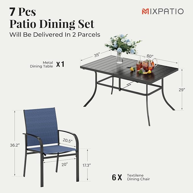 MIXPATIO Patio Dining Set 7 Piece Outdoor Furniture Set with Metal Patio Dining Table with Umbrella Hole for Deck Garden Backyard Lawn Poolside