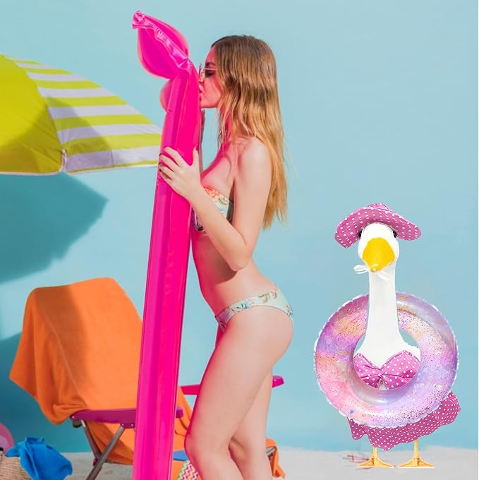 Porch Goose Summer Outfit, Purple, 23'' Lawn Statue | Bikini Hawaiian Outfit, Hat & Sunglasses Included, Swimming Ring Included, For Cement or Plastic Goose