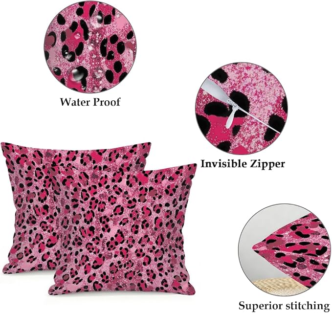 16x16 Inch Outdoor Pillow Covers Set of 2 Waterproof Throw Pillow Covers Decorative Couch Cushion Covers Pink Glitter Leopard Print Square Pillowcases Protectors for Patio Garden Sofa