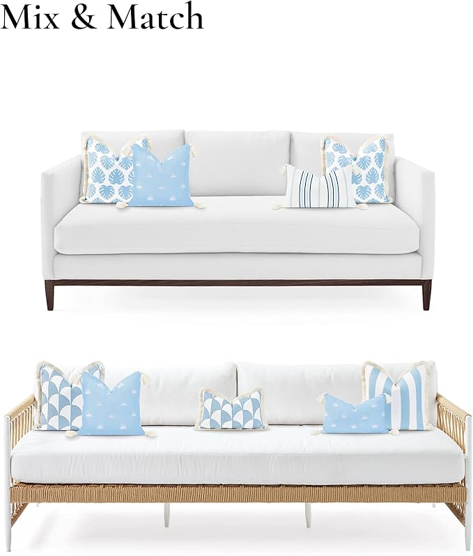 Hofdeco Premium Coastal Hampton Style Patio Indoor Outdoor Throw Pillow Cover Only, 18"x18" Water Repellent Summer for Backyard, Couch, Baby Blue Embroidered Palm Leaf Tassel