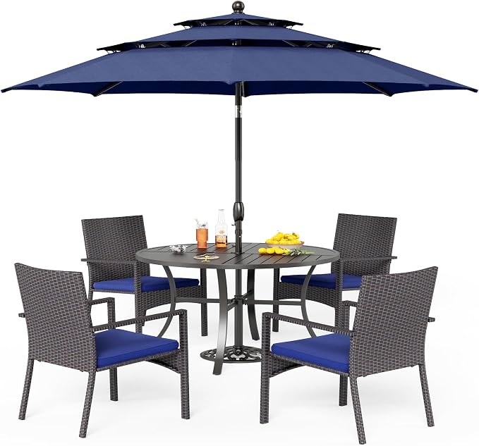 PHI VILLA 5pc Patio Dining Set with Umbrella, Round Table, Rattan Chairs | Includes 42" Round Metal Table, 4 Cushioned Rattan Chairs and 10ft Blue umbrella. Perfect for patio, deck, yard, or porch