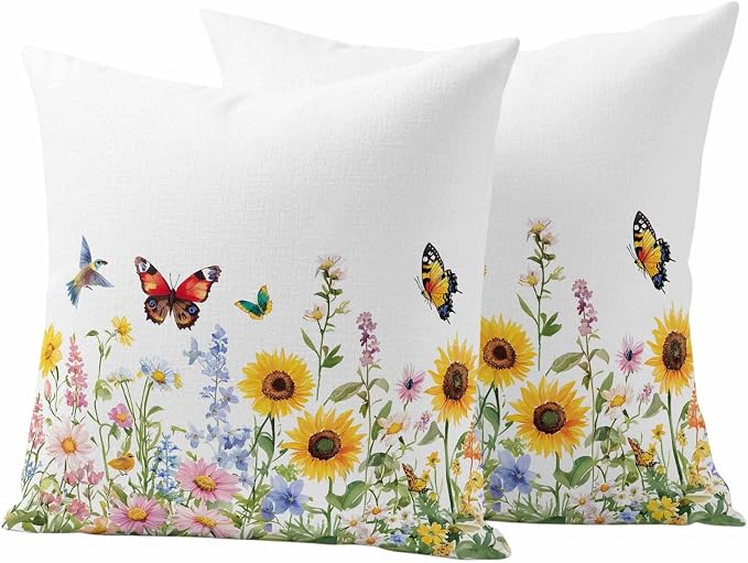 Colorful Florals Outdoor Waterproof Throw Pillow Covers Set of 2, 20"x20", Sunflower Daisy Butterfly Farm Botanical Decorative Pillow Covers Outside Cushion Case for Patio Porch Garden