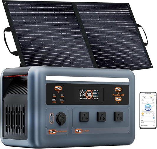 OSCAL 1800W Solar Generator with 100W Solar Panel PowerMax 1800SE, 1024Wh LiFePO4 Battery Generator with 3 AC Outlets (3600W Surge), 800W AC Charging, WI-FI/Bluetooth APP Control (PM1800SE+100W)