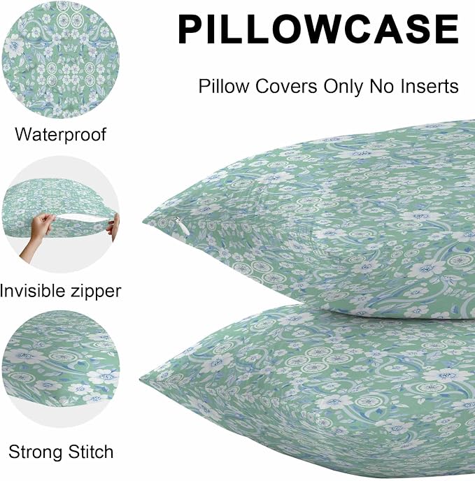 Light Green Blue Floral Outdoor Pillow Covers 18x18 Inch Throw Pillow Covers Set of 2 Waterproof Decorative Pillow Cases Vintage Pastoral Botanical Cushion Covers for Patio Furniture Garden Couch Sofa