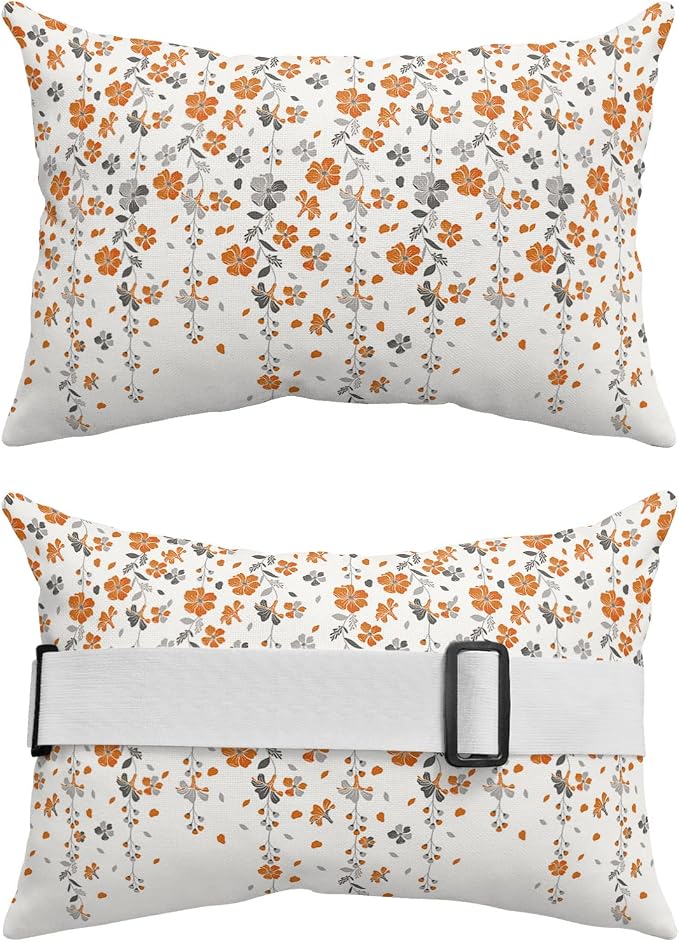 Outdoor Pillows Covers with Inserts Flower Orange Grey Cherry Blossoms White Waterproof Pillow with Adjustable Strap Throw Pillows for Patio Furniture Recliner Lounge Chair, 12x20 inch, 1PCS