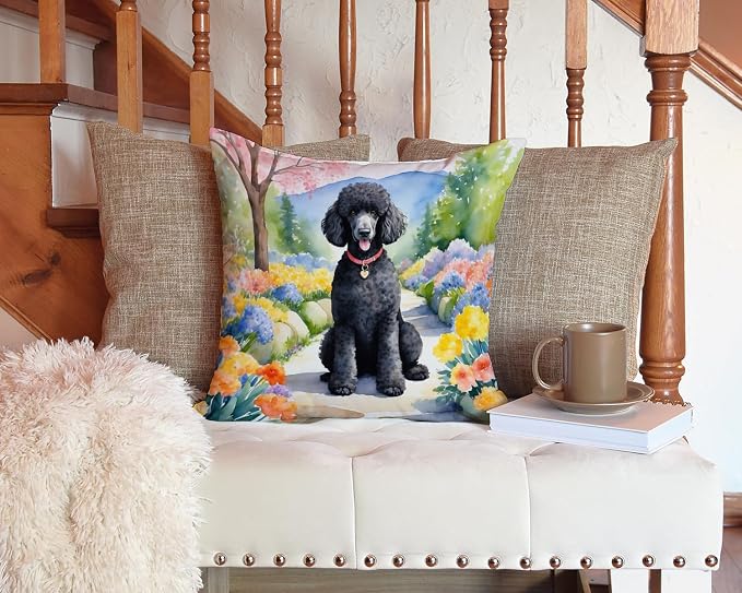 Caroline's Treasures Black Poodle Spring Path Throw Pillow Machine Washable, Indoor Outdoor Decorative Pillow for Couch, Bed or Patio, 14Hx14W