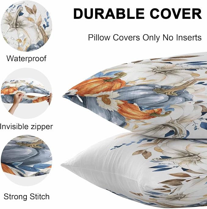 Fall Outdoor Throw Pillows Covers 18x18 inch Set of 2 Waterproof Blue White Pumpkin Zippered Cushion Covers for Patio Furniture, Autumn Eucalyptus Leaves Flower Thanksgiving Lumbar Pillowcases