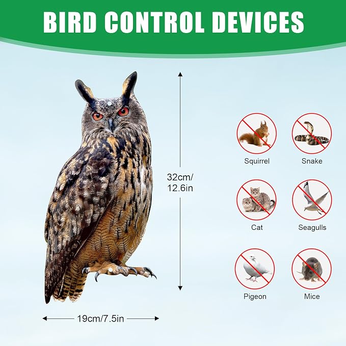 Owls to Keep Birds Away: 2Pack Fake Owl with Reflective Tape for Vineyard Garden Patio Pool, Reflective Hanging Decoration to Keep Birds Pigeon from Windows Tree Orchard