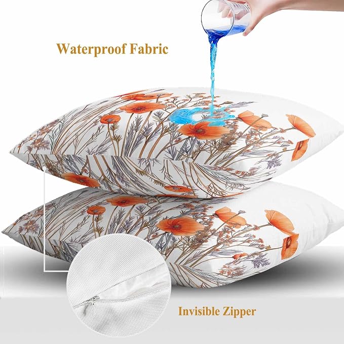 Minimalism Floral Outdoor Waterproof Throw Pillow Covers Set of 2, 26"x26", Red Plant Watercolor White Background Decorative Pillow Covers Outside Cushion Case for Patio Porch Garden