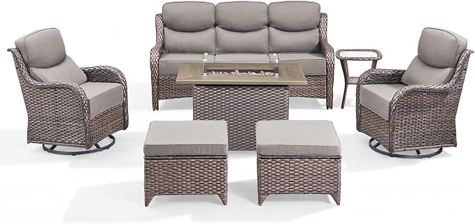 Luxury Patio Furniture Set with 6-inch Thick Cushion, Outdoor Furniture with Fire Pit Table, Swivel Chairs, Sofa, Side Table, Ottomans, 7pcs Wicker Conversation Set (Brown Wicker | Grey Cushion)