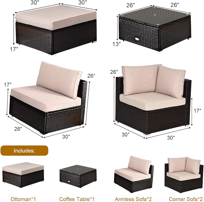 COSTWAY 6-Piece Outdoor Patio Furniture Set, Rattan Sectional Sofa Set with Tempered Glass Coffee Table, Cushions and Ottoman for Garden, Deck, Backyard (Beige)