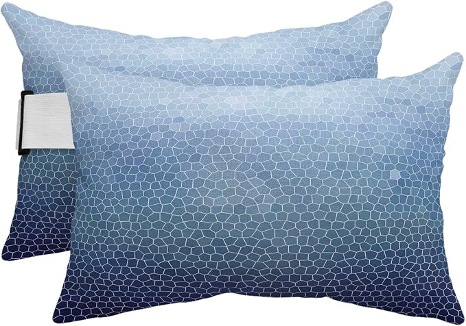 Chaise Lounge Headrest Pillow 2 Pack, Indigo Blue Ombre Waterproof Chair Pillows with Insert & Adjustable Elastic Strap for Beach Pool Recliner, Geometric Stained Glass Outdoor Patio Pillow