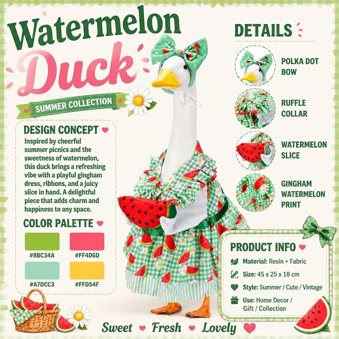 Porch Goose Outfit Set, Dress Bow Headband & Watermelon Slice Prop, Fits 23 Inch Lawn Goose Statue, Cute Novelty Outdoor Garden Yard Decor