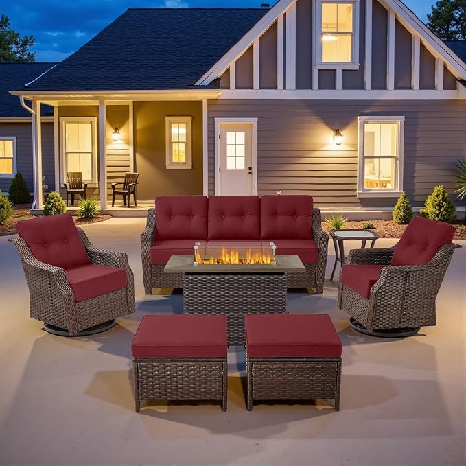 Belord Luxurious 7 Piece Patio Furniture Set with Fire Pit Table, High Back Swivel Rocker Glider Outdoor Chairs with 6" Cushion, All-Weather Patio Conversation Set for Yard Garden Brown Wicker